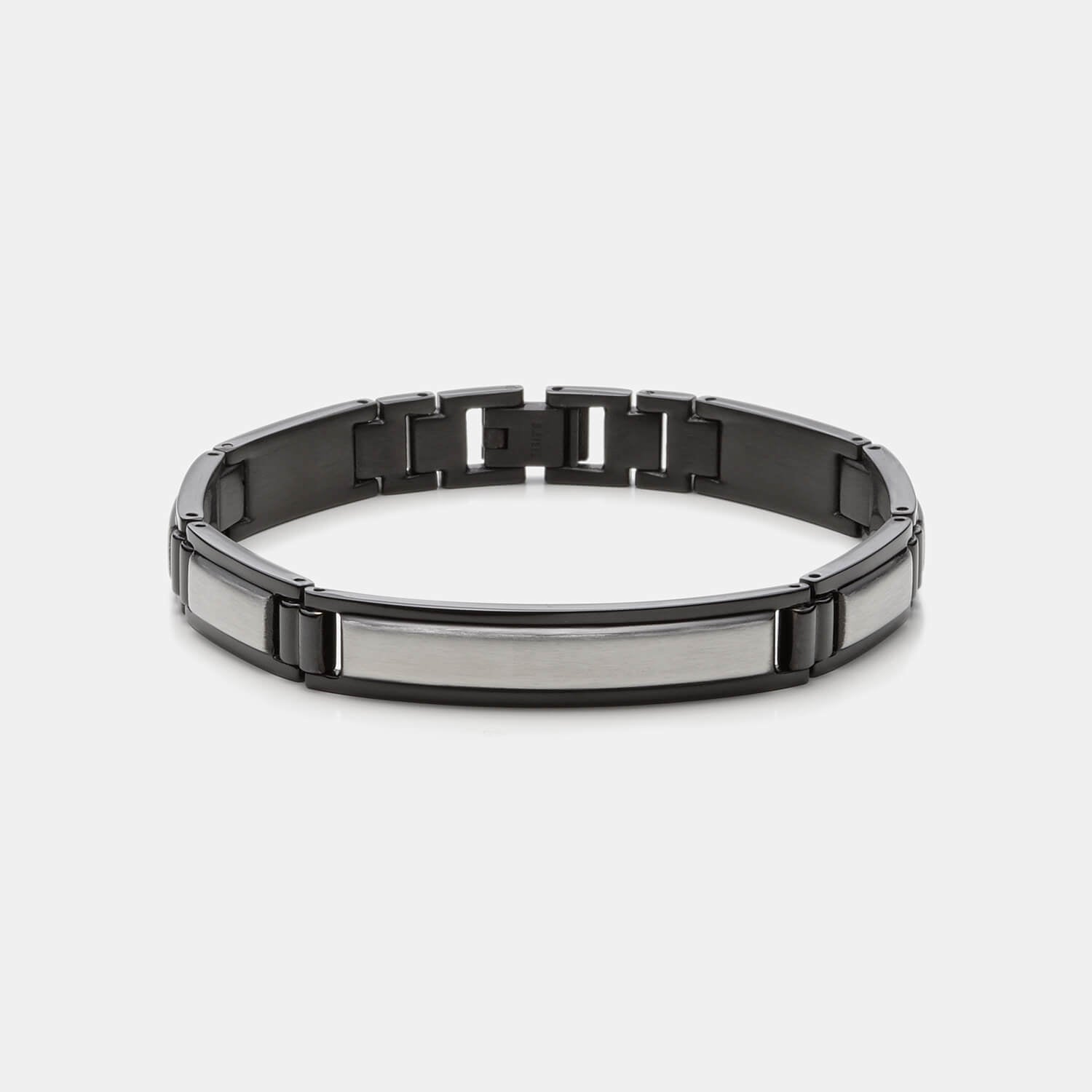 Gesamtansicht eines edlen, schwarz-silbernen Gliederarmbandes aus antiallergenem Edelstahl von MONOMANIA.