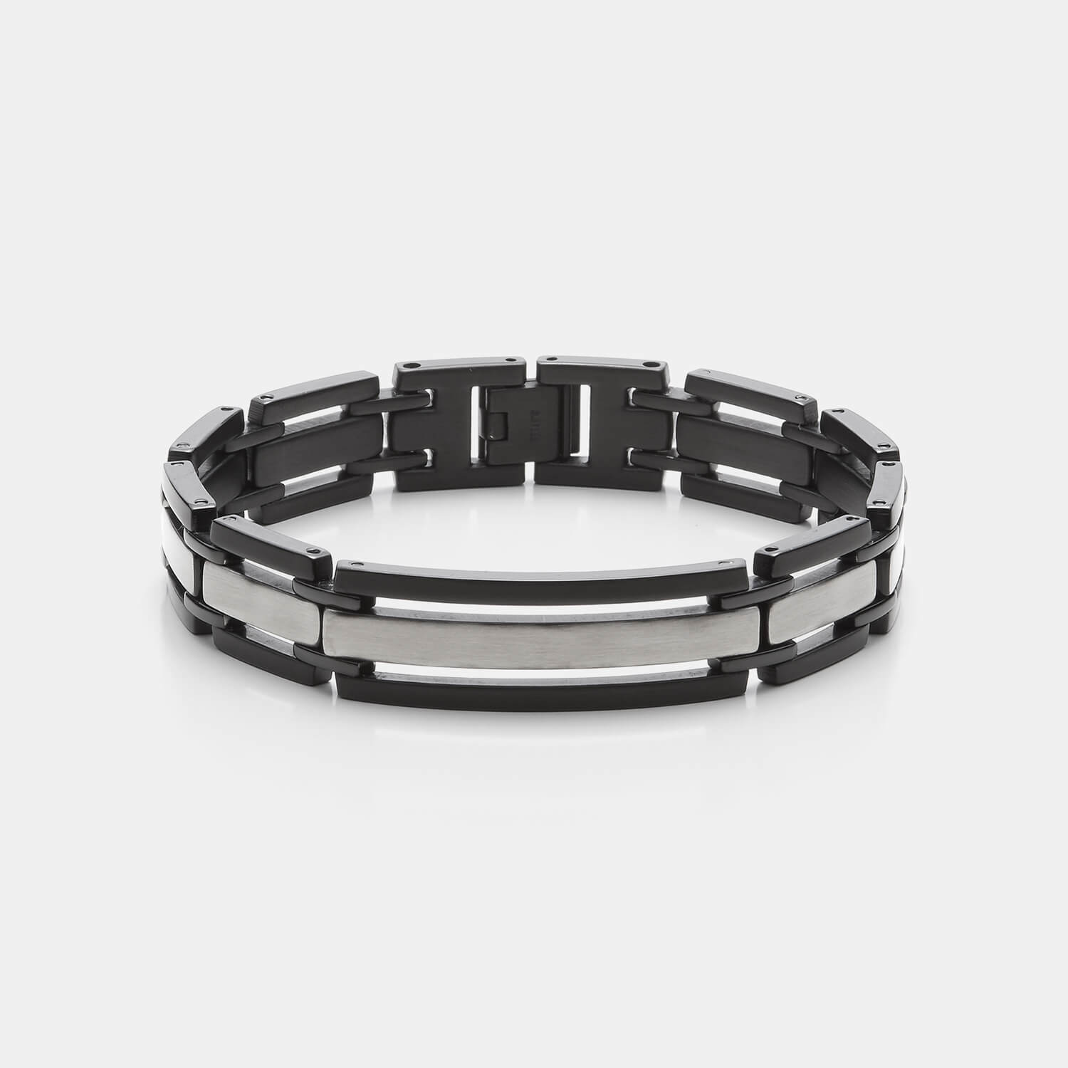 Gesamtansicht eines markanten, schwarz-silbernen Gliederarmbandes aus antiallergenem Edelstahl von MONOMANIA.