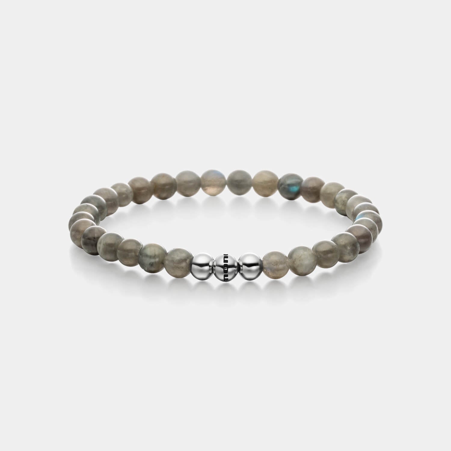 Gesamtansicht eines grünen Perlenarmbandes aus echten Labradorith-Perlen mit drei antiallergenen Edelstahlperlen von MONOMANIA.