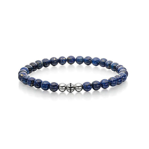 Gesamtansicht eines blauen Perlenarmbandes aus echten Lapislazuliperlen mit drei antiallergenen Edelstahlperlen.