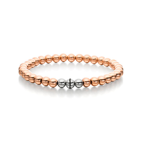 Gesamtansicht eines Perlenarmbandes aus stahlfarbenen und roségoldfarbenen Edelstahl-Perlen von MONOMANIA.