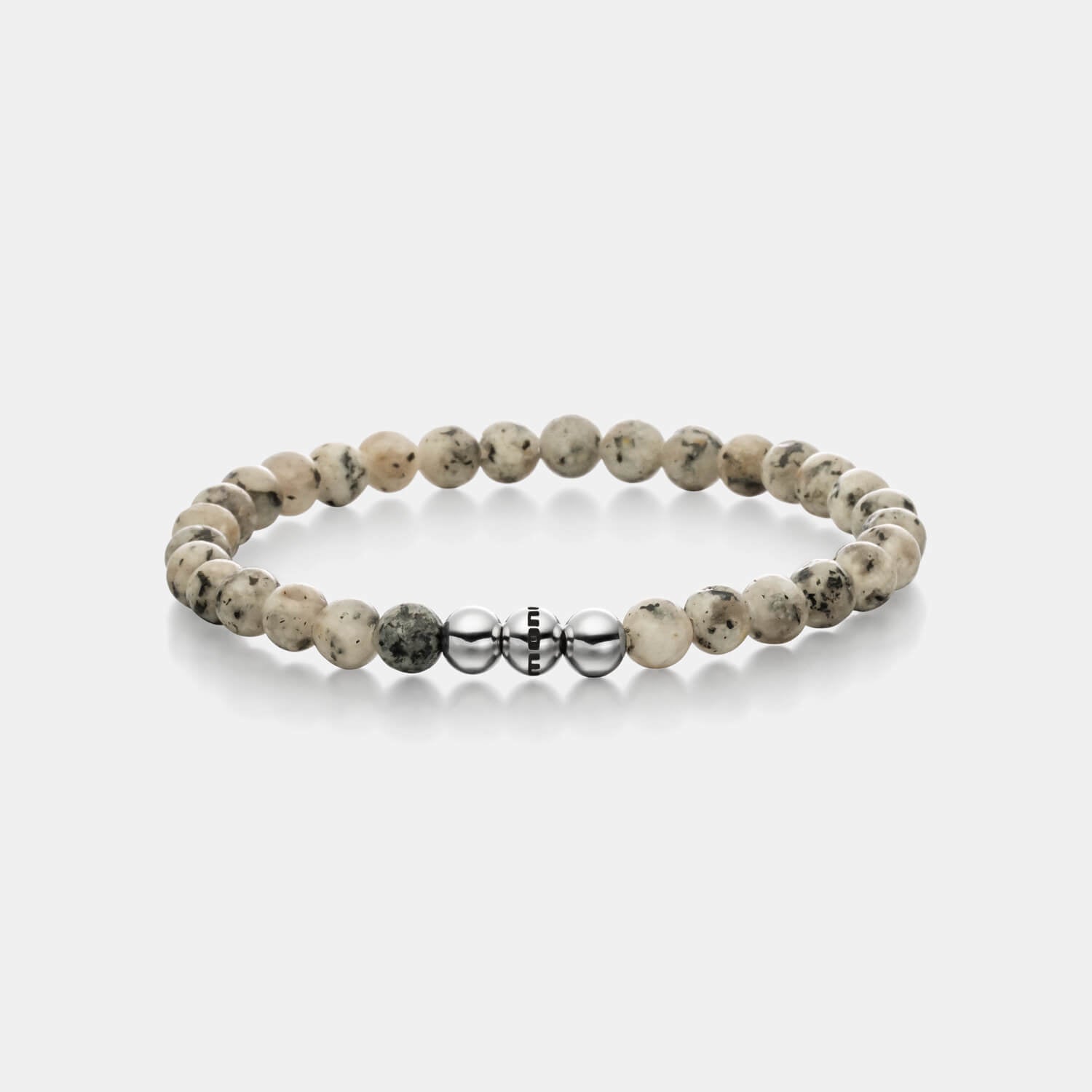 Gesamtansicht eines Perlenarmbandes aus grauen Granitperlen von MONOMANIA.