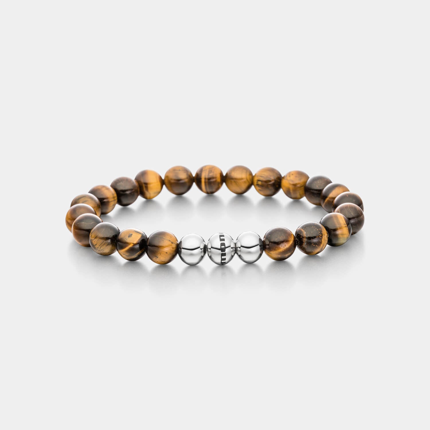 Gesamtansicht eines braunen Perlenarmbandes aus großen, echten Tigerauge-Perlen mit drei antiallergenen Edelstahlperlen.