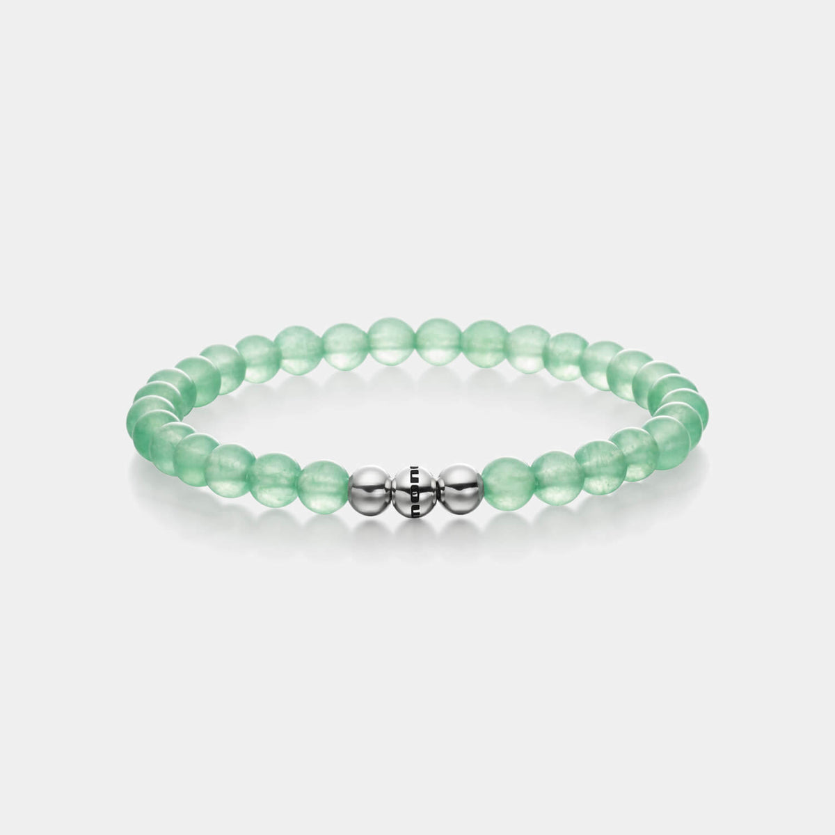 Gesamtansicht eines grünen Perlenarmbandes aus echten Aventurin-Perlen mit drei antiallergenen Edelstahlperlen