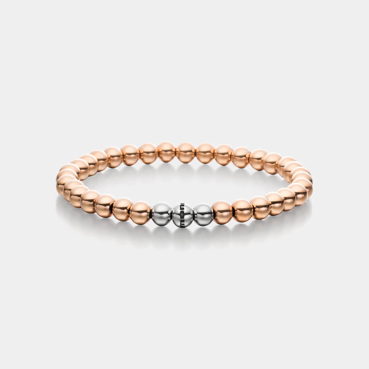 Gesamtansicht eines Perlenarmbandes aus stahlfarbenen und roségoldfarbenen Edelstahl-Perlen von MONOMANIA.
