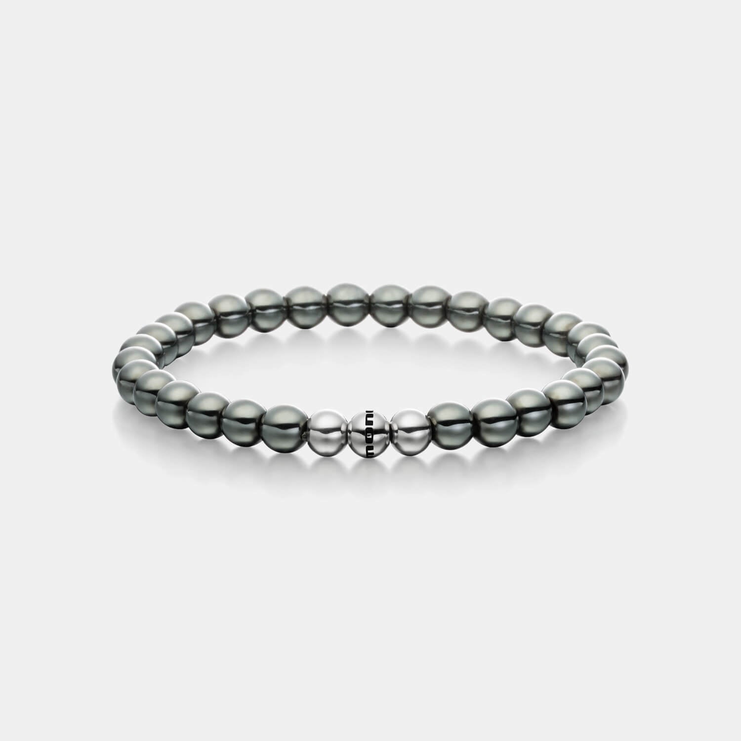 Gesamtansicht eines Perlenarmbandes aus grauen Hämatit-Perlen von MONOMANIA.