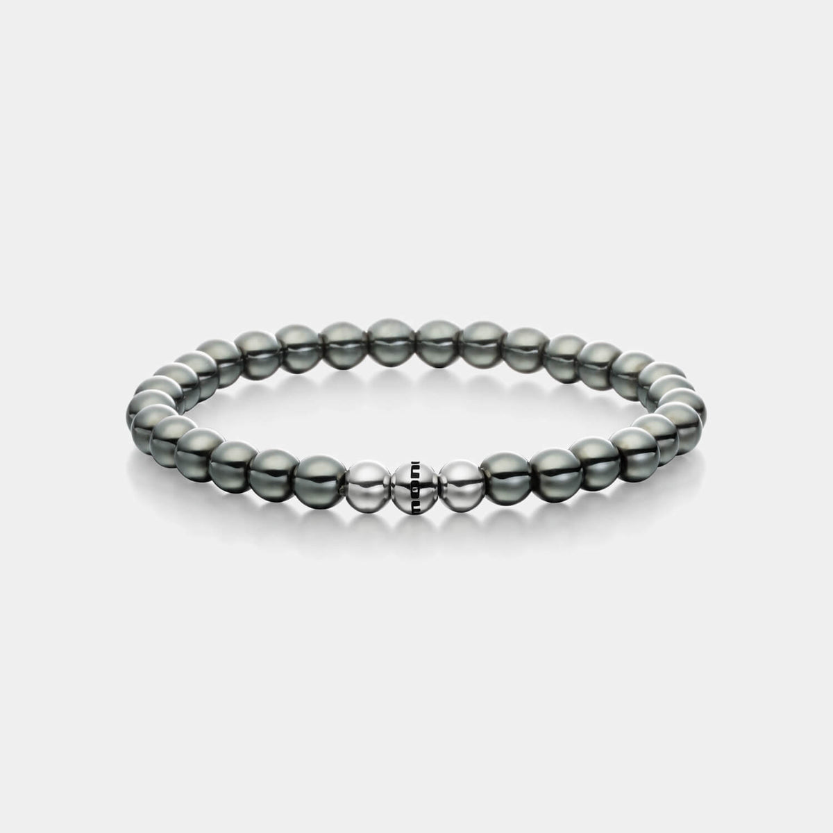 Gesamtansicht eines Perlenarmbandes aus grauen Hämatit-Perlen von MONOMANIA.