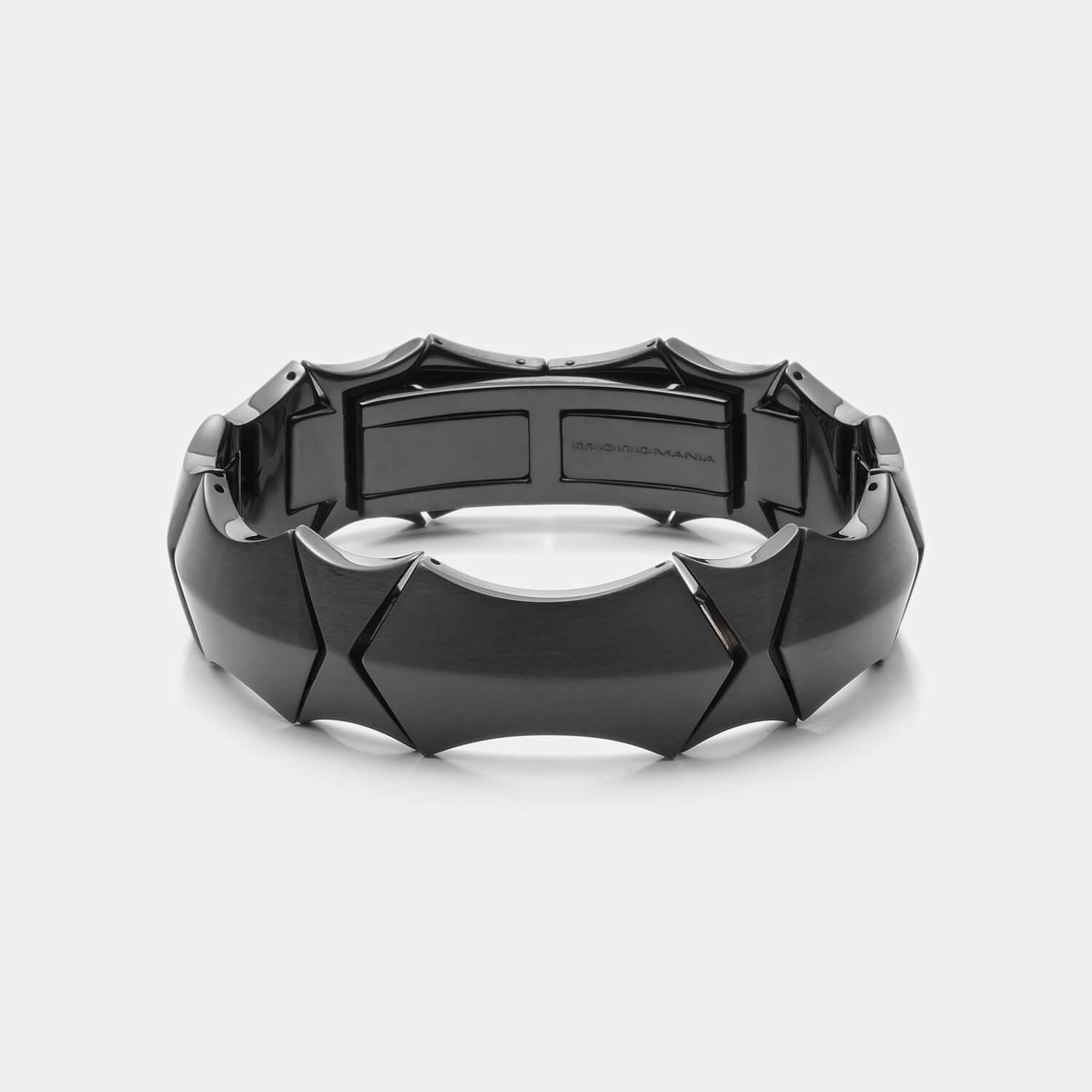 Gesamtansicht eines markanten, schwarzen Gliederarmbandes aus antiallergenem Edelstahl von MONOMANIA.