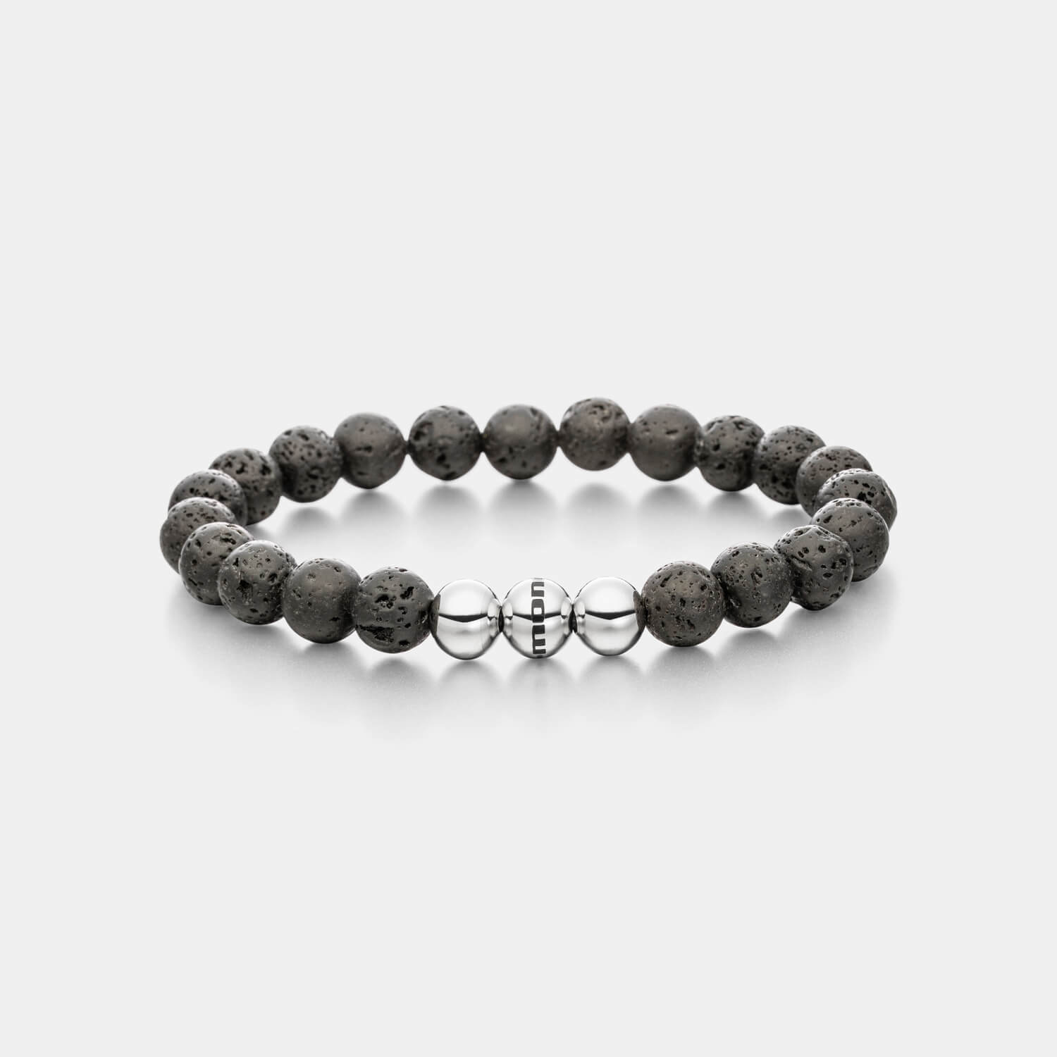 Gesamtansicht eines Perlenarmbandes aus schwarzen Lava-Perlen.