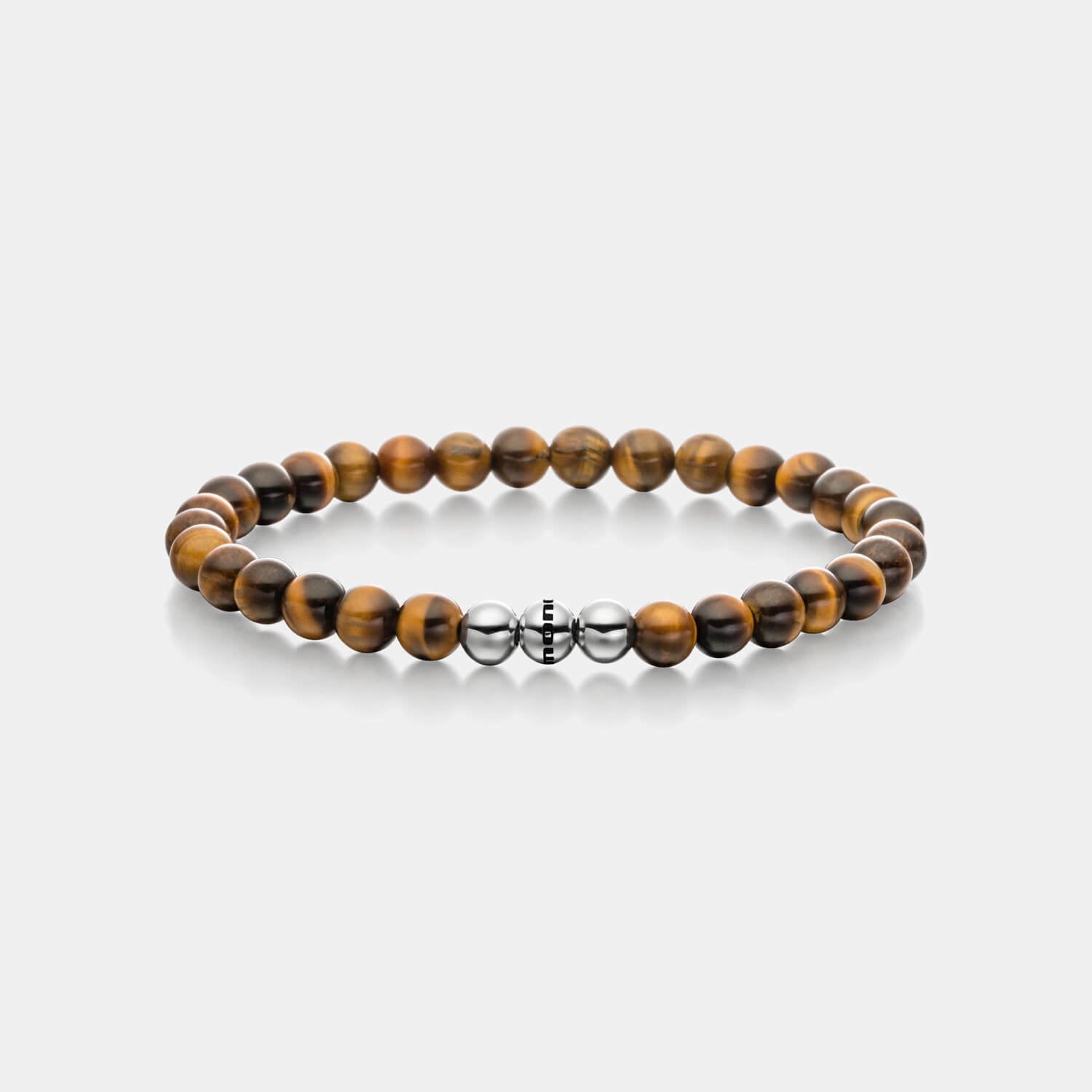 Gesamtansicht eines braunen Perlenarmbandes aus echten Tigerauge-Perlen mit drei antiallergenen Edelstahlperlen.