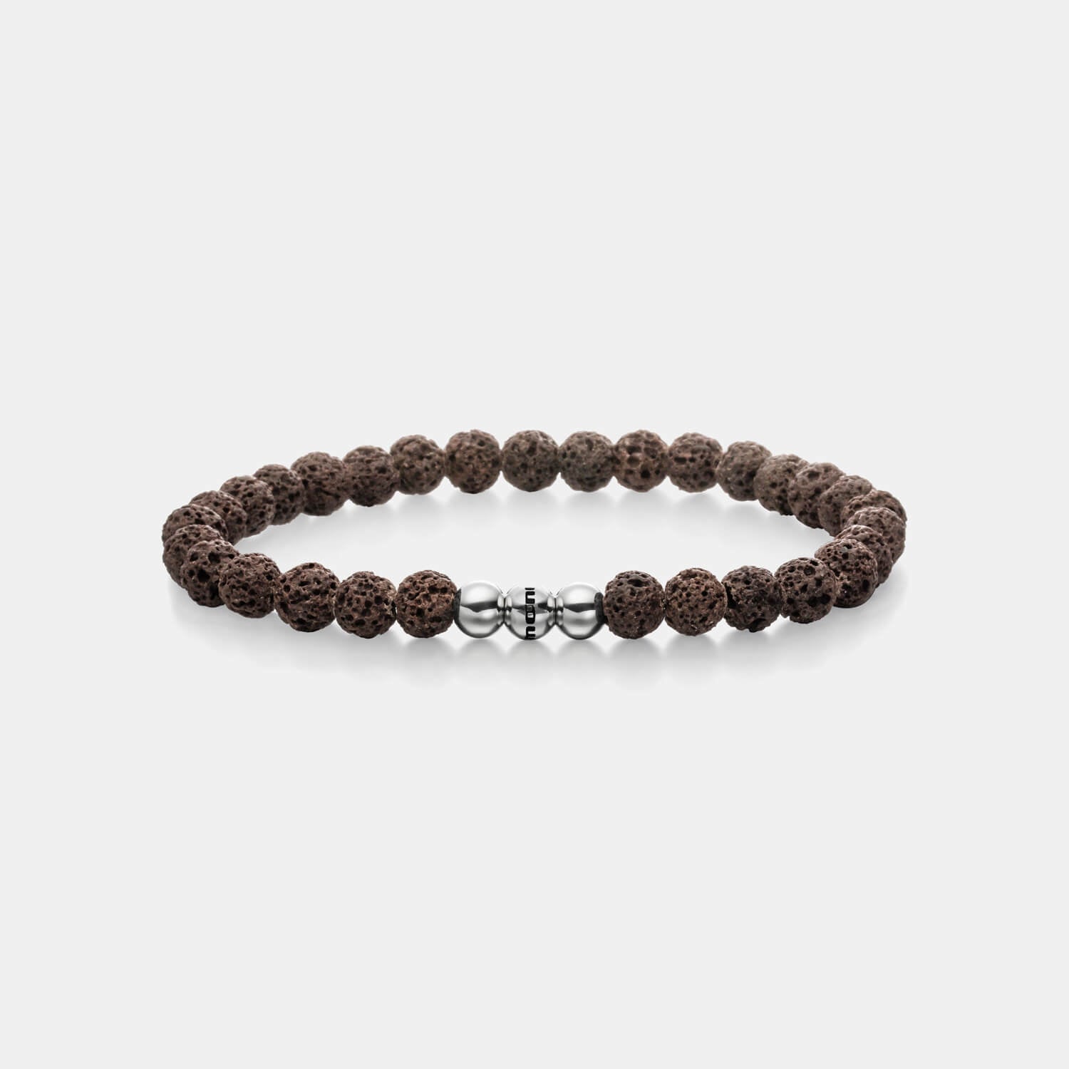 Gesamtansicht eines braunen Perlenarmbandes aus echten Schiefer-Perlen mit drei antiallergenen, polierten Edelstahlperlen.