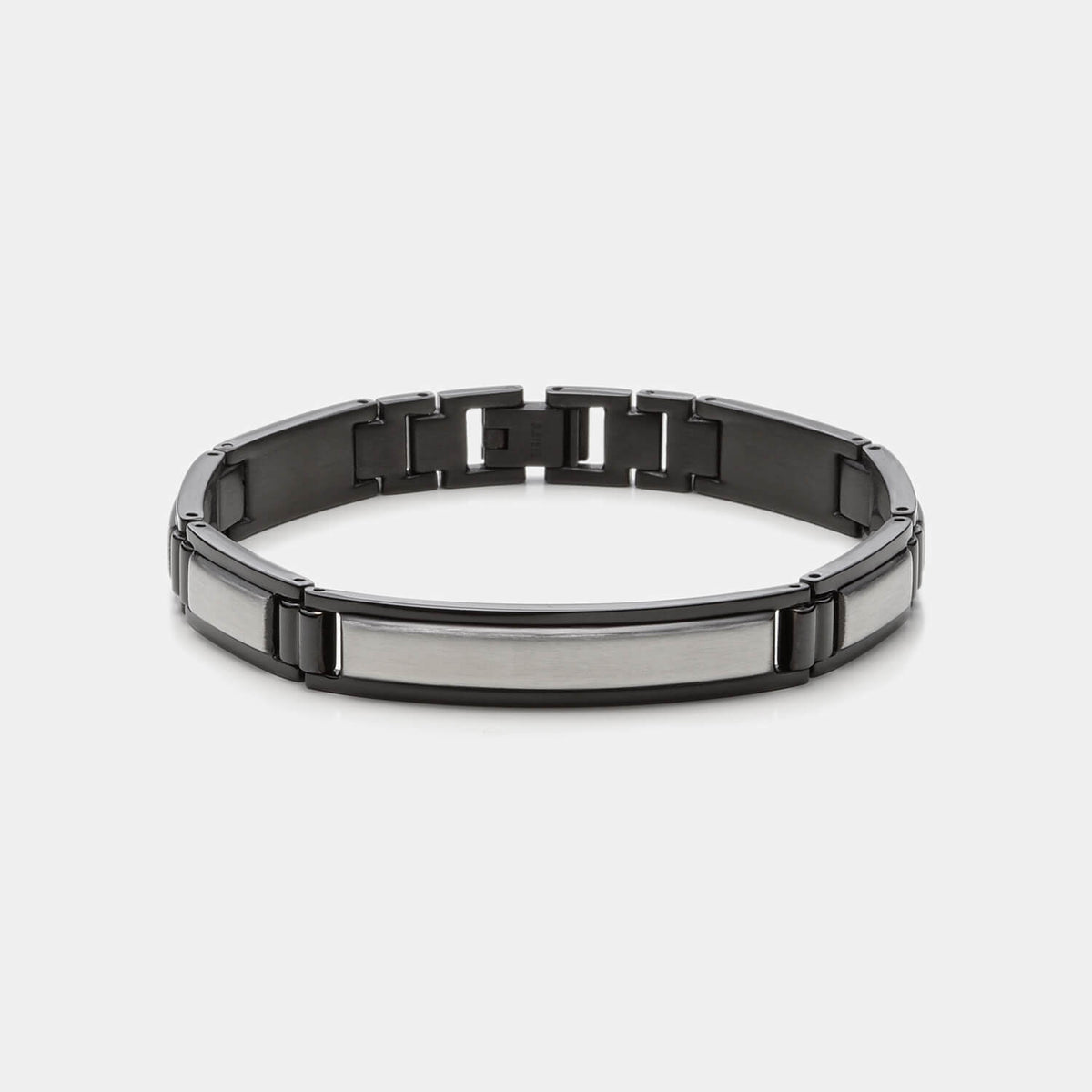 Gesamtansicht eines edlen, schwarz-silbernen Gliederarmbandes aus antiallergenem Edelstahl von MONOMANIA.